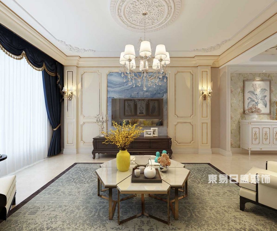 客厅设计延续美学与高雅的生活方式，提炼运用经典元素加以简化和丰富，色彩更加明朗与浪漫。