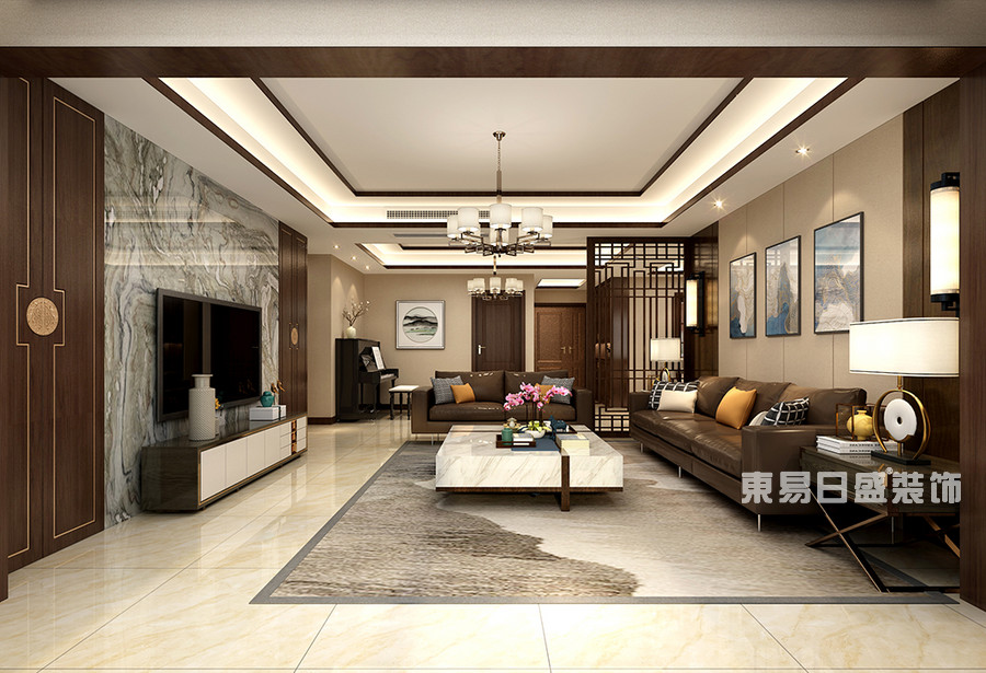 桂林彰泰•睿城四居室150㎡新中式风格：客厅装修设计效果图