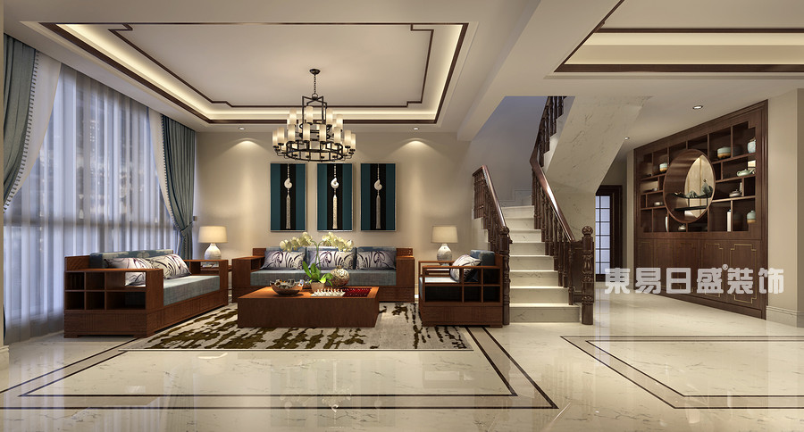 桂林富杰•水岸家园复式楼280㎡新中式风格：客厅楼梯装修设计效果图
