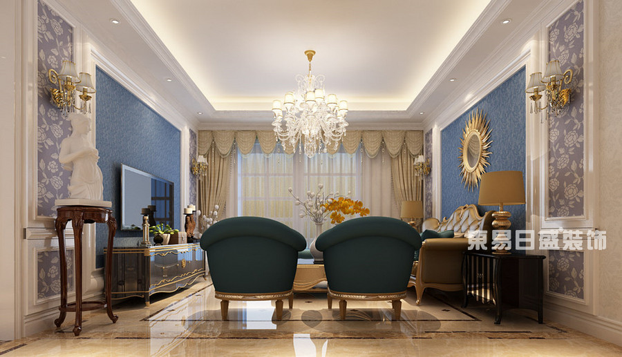 蓝色绒布沙发，提升空间格调，白色的护墙板软化空间氛围，木质的感觉又显得细腻，有质感。