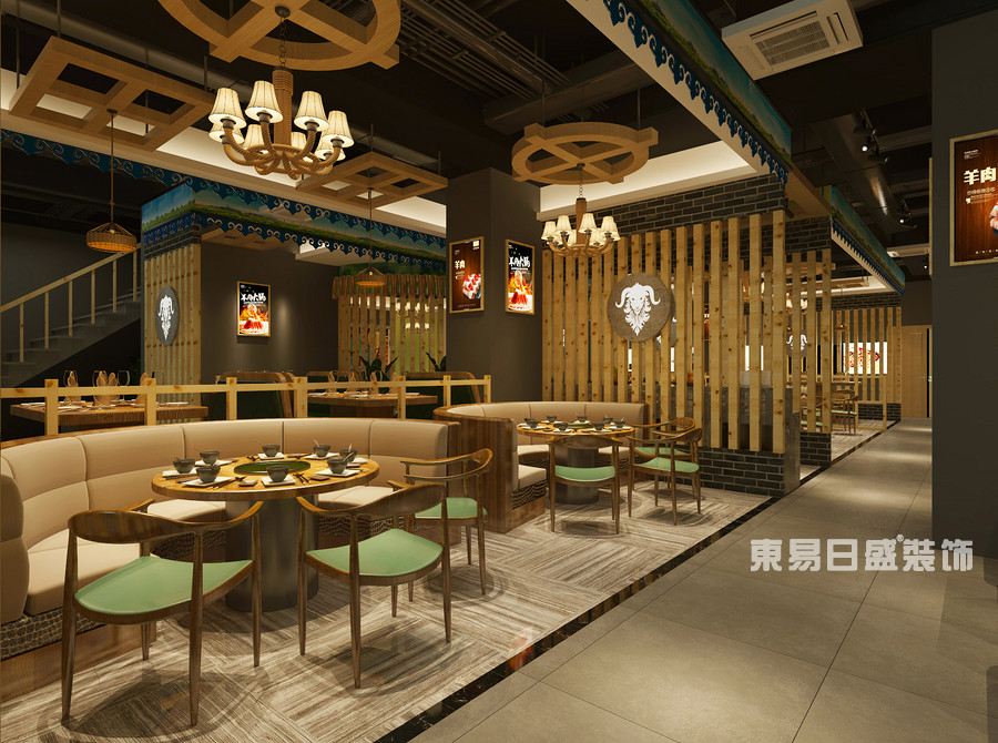 桂林牧羊人连锁餐饮LOFT300㎡商铺蒙古风装修设计案例：开放就餐区装修设计效果图