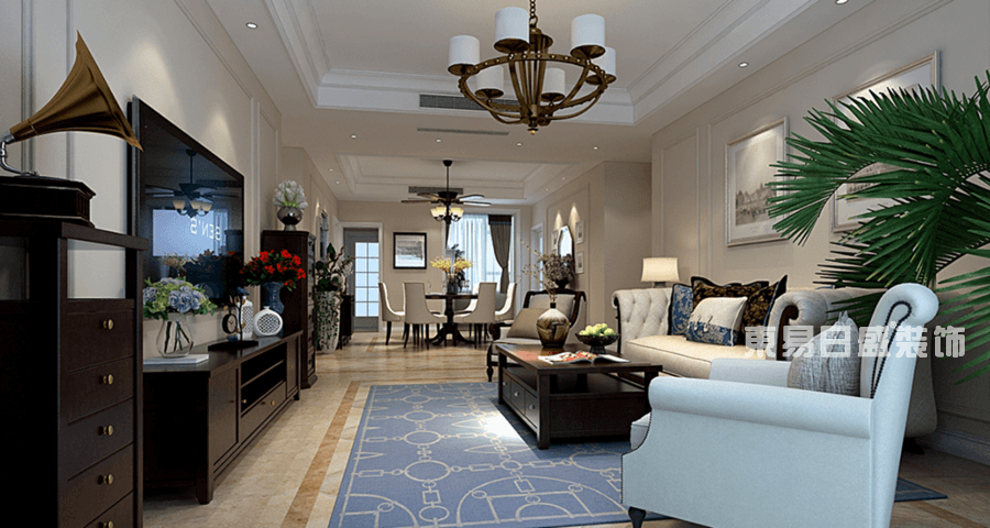浅灰色系墙面、白色天花板、木布沙发与深色系的茶几、电视及沙发背景的线条造型相得益彰，赋予空间平衡。