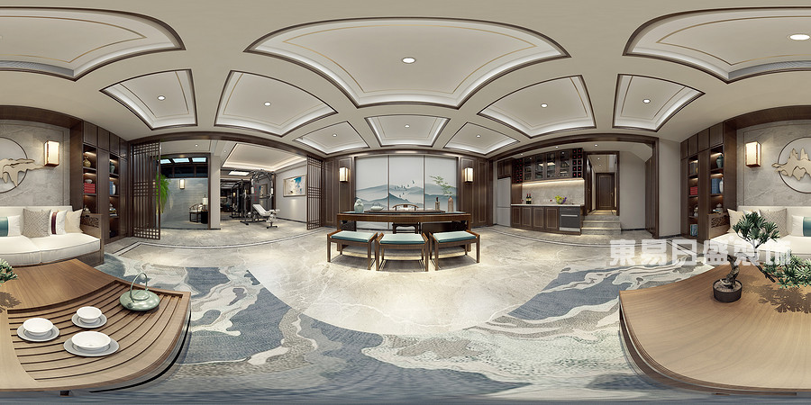 临沂装修慧谷领域别墅400平新中式风格负一层茶室