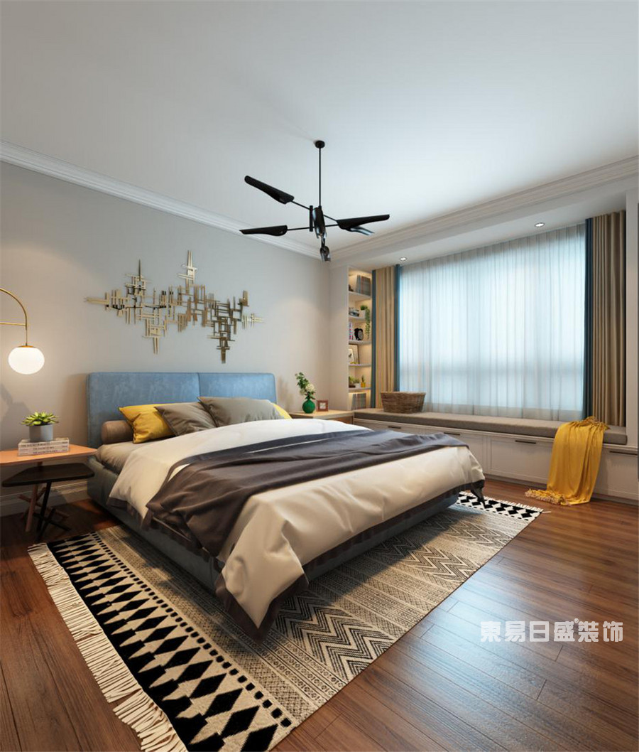 卧室摒弃繁冗复杂的技巧，陈设氛围充满生活气息，床头造型辅以金色系不锈钢点缀。