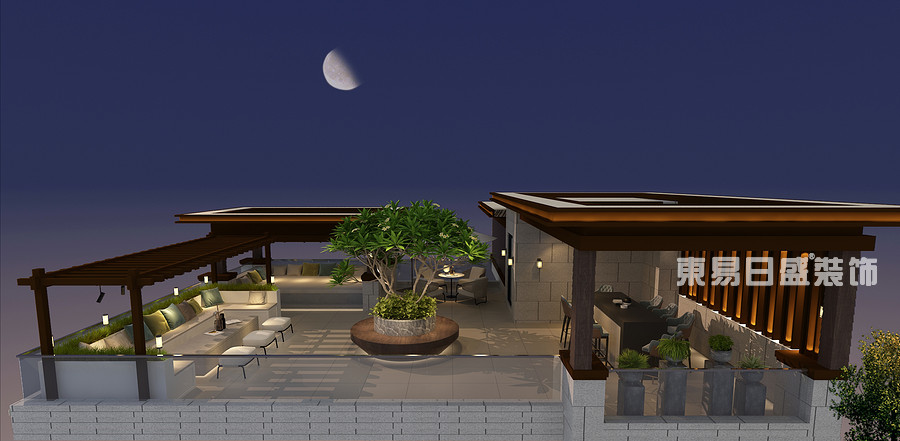 基础休闲区可容纳多人开Party。灯光的运用是整个屋顶花园的亮点，全部利用点光源处理制造氛围。