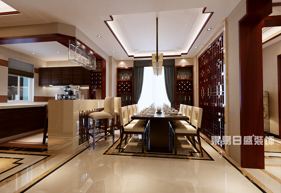 名仕温泉国际城别墅-新中式风格-一楼餐厅与厨房效果图