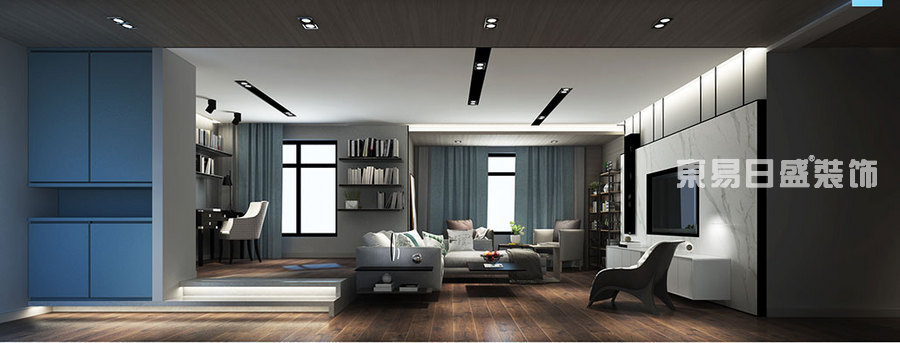 客厅与书房的联通，两个空间的结合，放大了客厅空间的同时满足两种功能性的存在。
