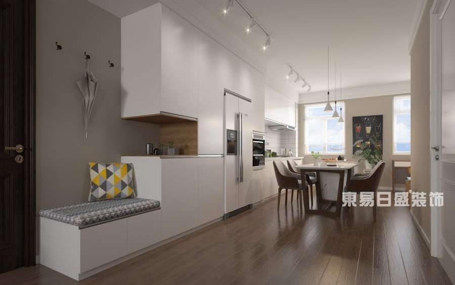 简洁明亮的白色柜体和白色半墙砖 开放式厨房加上吧台的设计 功能多样 空间美感十足