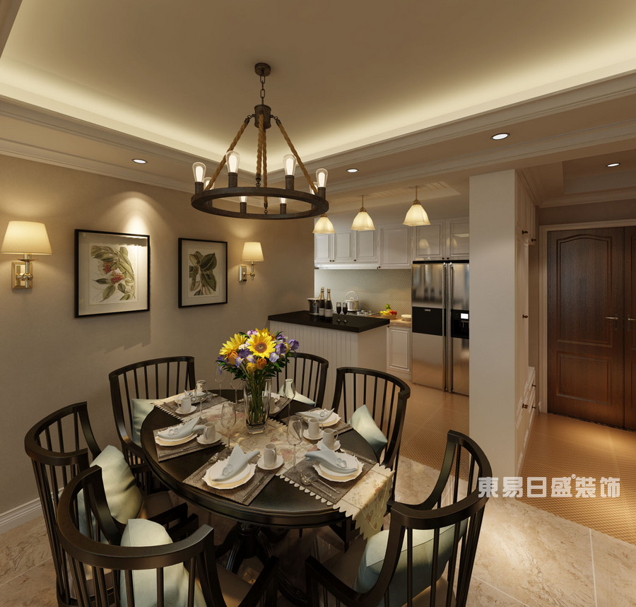 桂林悠山郡三居室130㎡美式风格：厨房餐厅装修设计效果图
