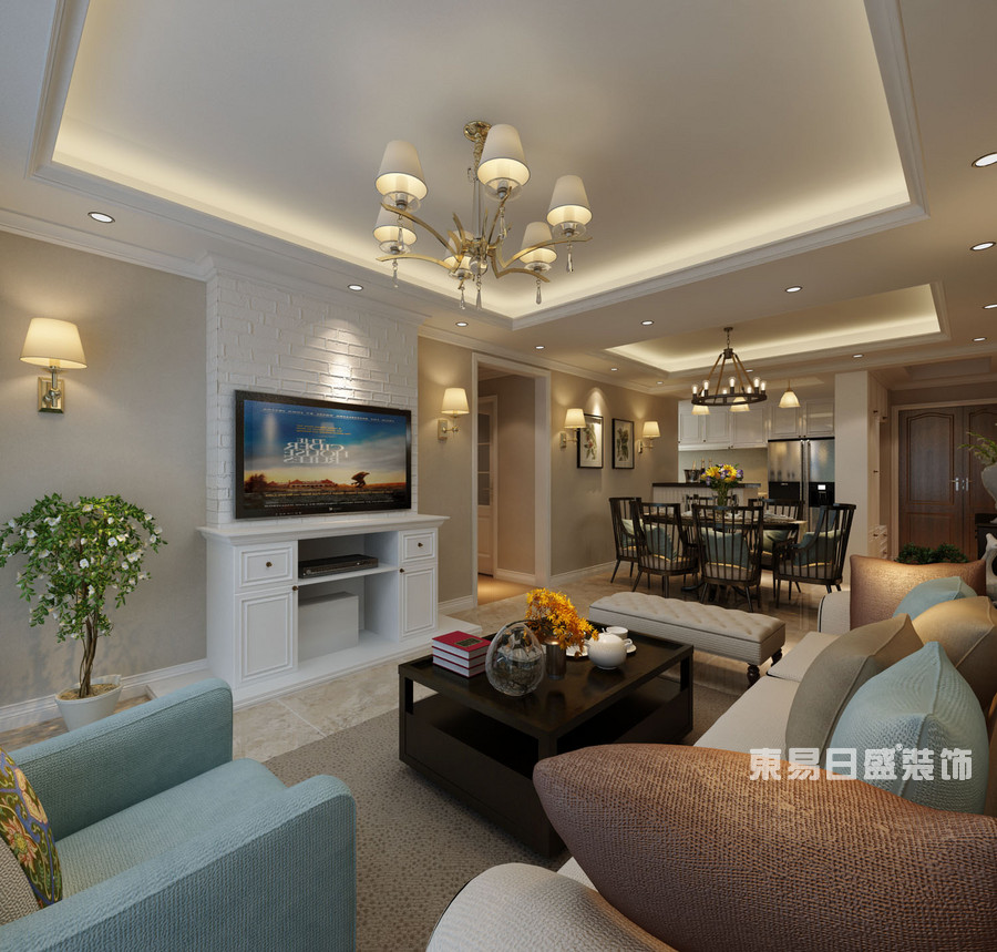 桂林悠山郡三居室130㎡美式风格：客厅装修设计效果图