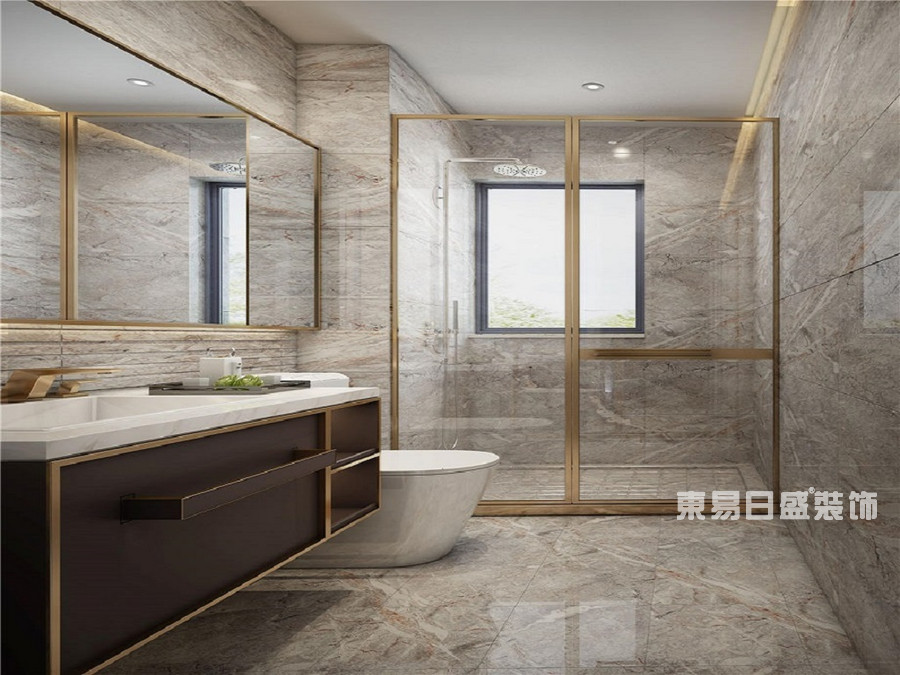浴室整体极其简单大方，全面大理石造型的浴室墙面，附上金属装饰线条，散发出一股独特的深邃感。