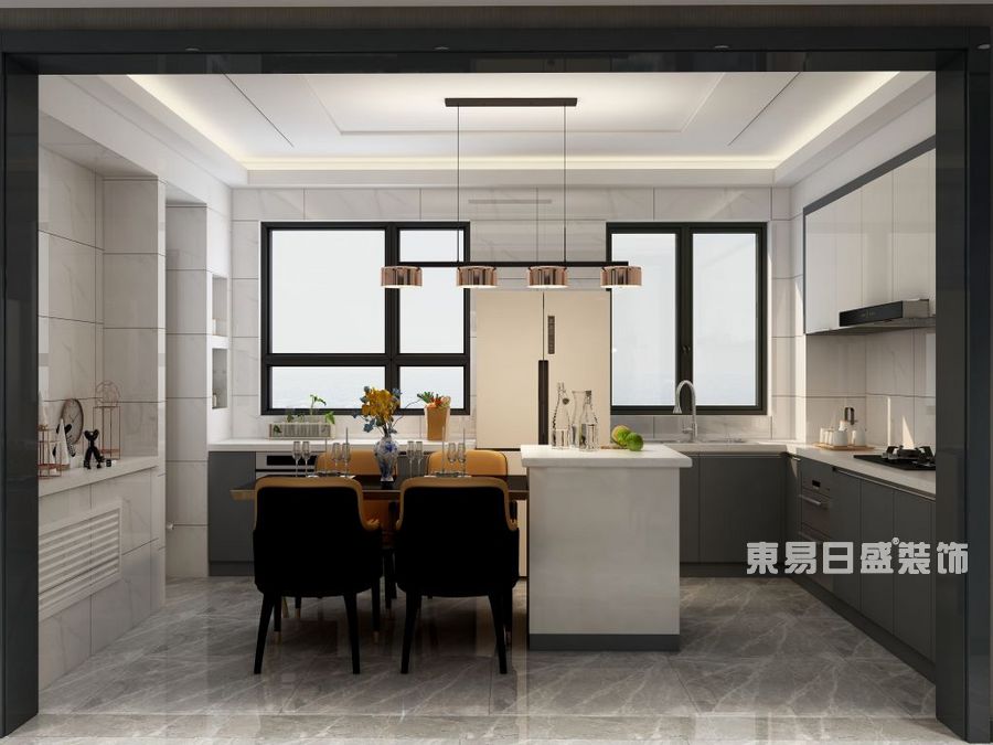 与客厅同一空间的开放式厨房，延用灰白色系。定制的餐桌椅与整个空间的元素一致，橱柜、电器的选择和摆放。