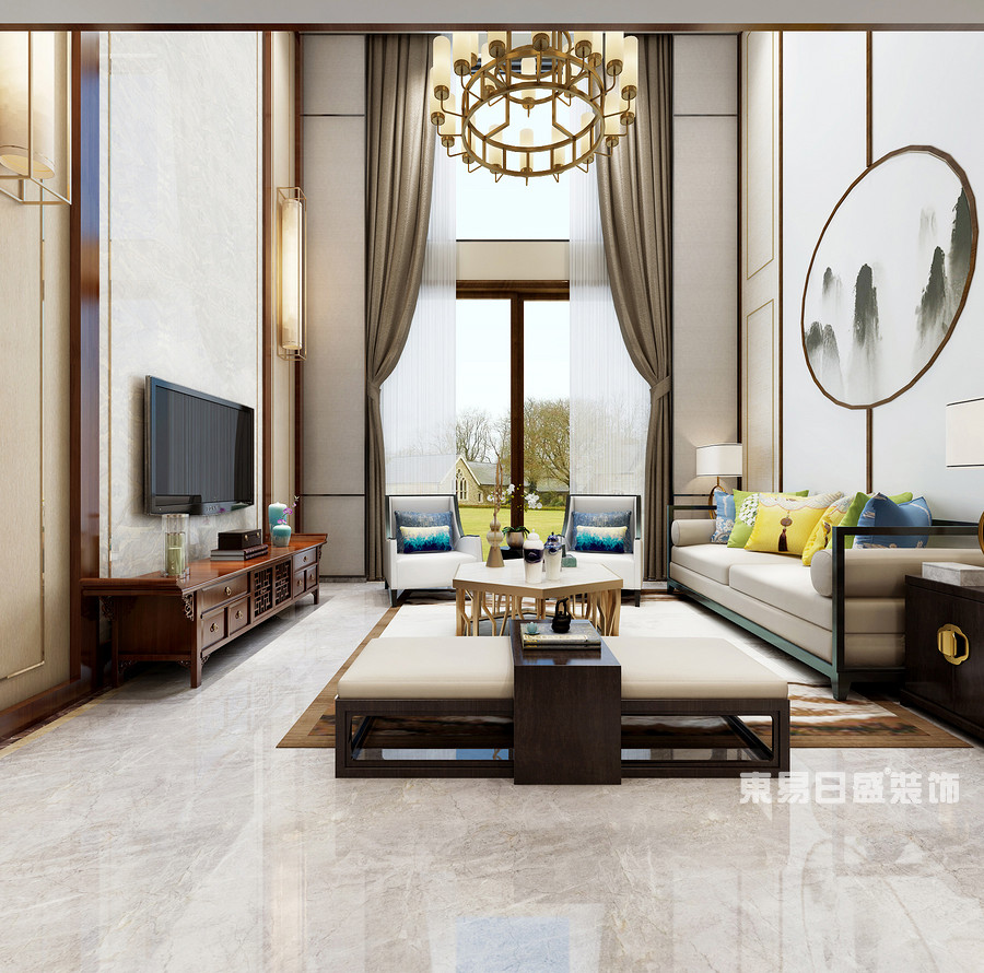 桂林复式楼220㎡新中式风格：客厅装修设计效果图