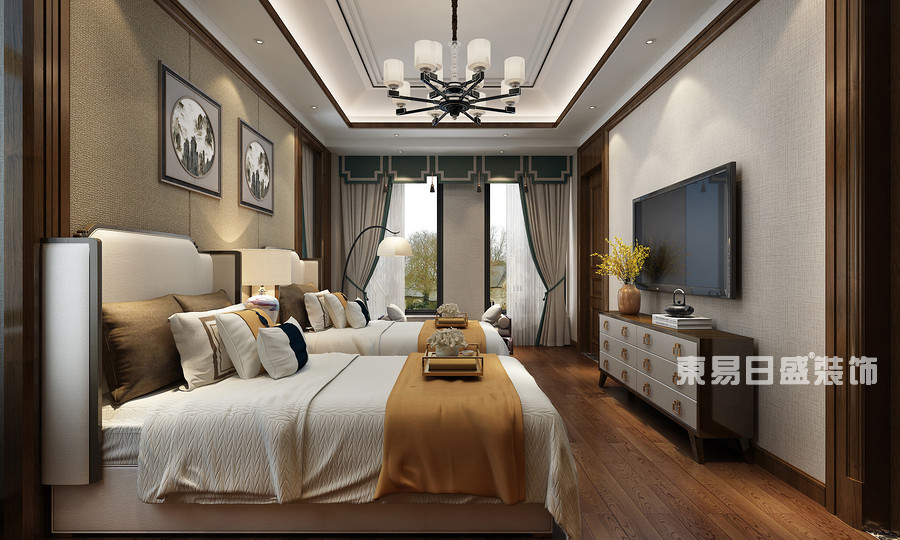 桂林自建别墅1600㎡中式和欧式混搭风格：次卧室装修设计效果图