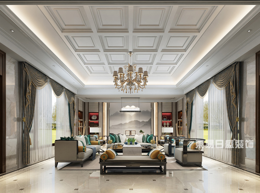 桂林自建别墅1600㎡中式和欧式混搭风格：客厅装修设计效果图