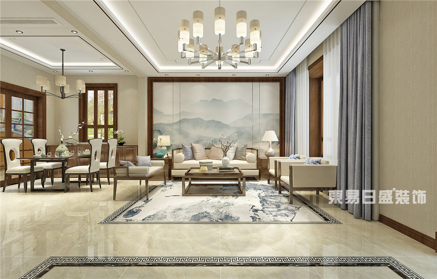 沙发背景用简洁的实木框结合硬包山水画，简洁现代。