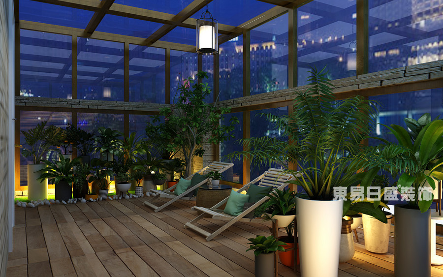 紫荆城顶楼复式200平米-现代美式风格-室外阳光房装修效果图