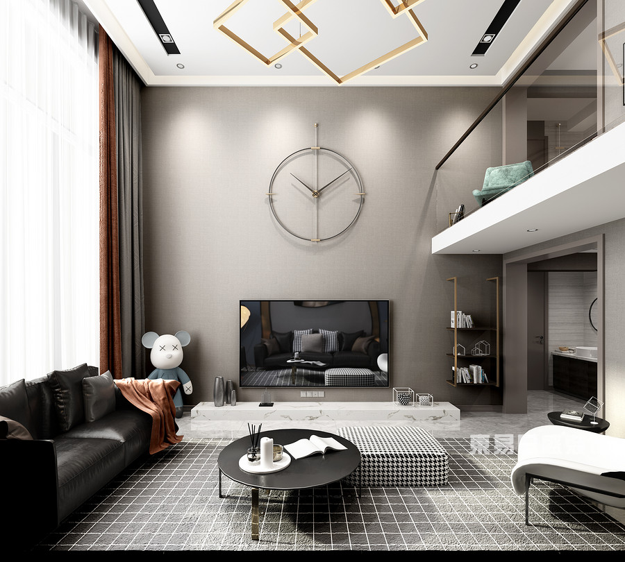 悬挂式浮灯与断隔的顶部设计以及和下层空间的反调式色差，黑色沙发更显睿智，清新明亮。