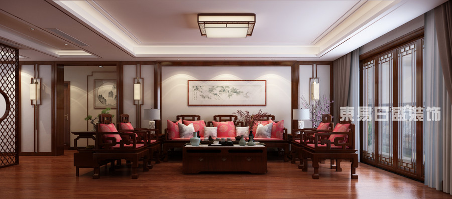 浮来春公馆四居室230平米-中式装修风格-沙发背景墙效果图