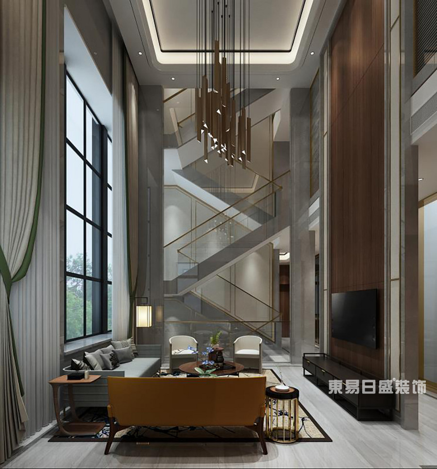桂林金地•熙园别墅500㎡现代简约风格：客厅楼梯装修设计效果图