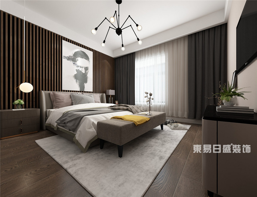 卧房以简约北欧风为设计主轴，配置满足日常需求即可，浅灰墙交织木质床背板，藉由自然质朴色调树立清新轮廓
