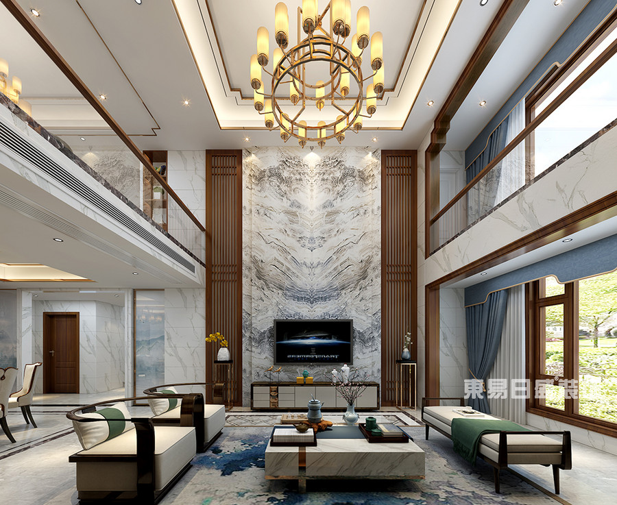 桂林华御公馆复式楼380㎡新中式风格：客厅装修设计效果图